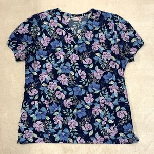 White Cross Womens Scrub Healthcare Top Size Large , Tropical Pink & Blue